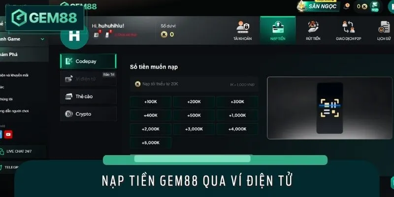 Quy trình nạp tiền GEM88 qua hình thức ví điện tử